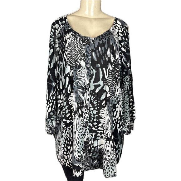 Roaman's + 18W Black-White Floral Button Down Cold Shoulder 3/4 Sleeve Shirt - Picture 2 of 6
